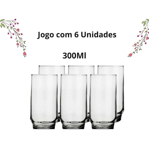 Jogo Copo Cylinder Agua E Suco Vidro 300ml - Kit 6 Unidades