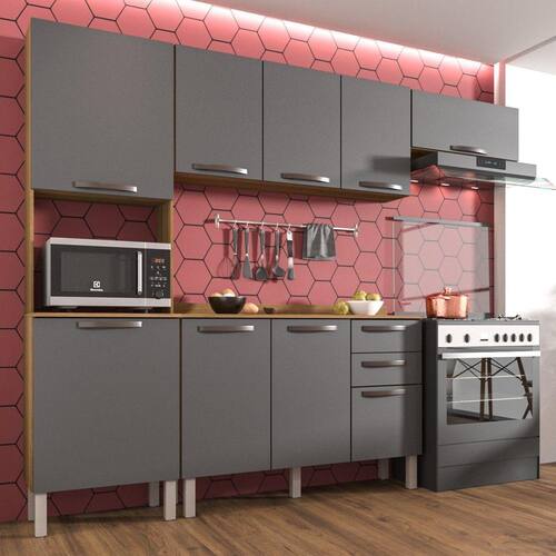 Menor preço em Cozinha Compacta 4 Peças 9 Portas 2 Gavetas Bella Sallêto Móveis Carvalho/Grafite