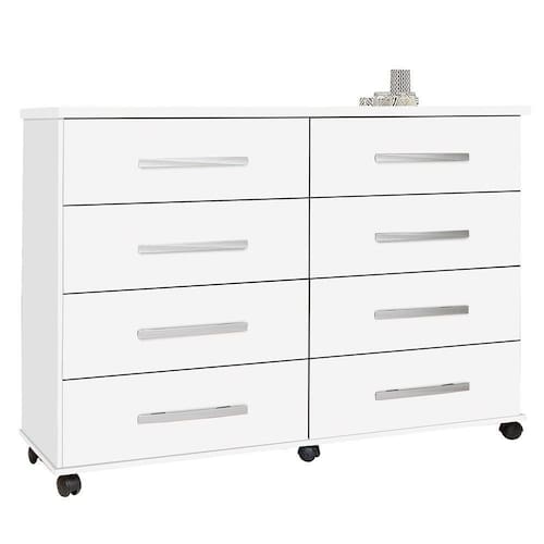 Cômoda para Quarto 136cm 8 Gavetas com Rodízios Jade Branco Luxo - Móveis Primus