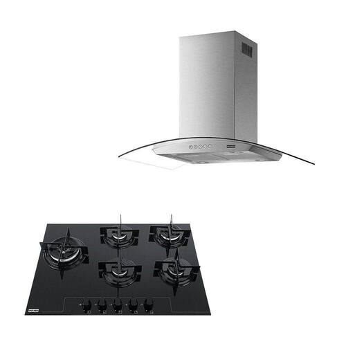 Kit Franke Coifa Ilha Retangular Classic 90cm + Cooktop 5 Bocas Glass a Gás 110V Ponto
