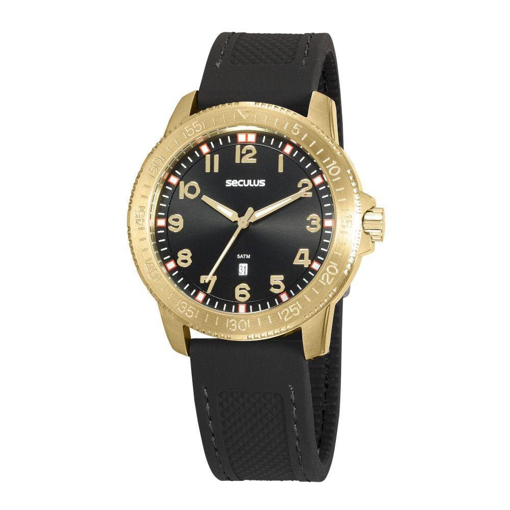 Relogio Seculus dourado preto masculino numero pulseira de borracha  20946GPSVDU3 | Ponto