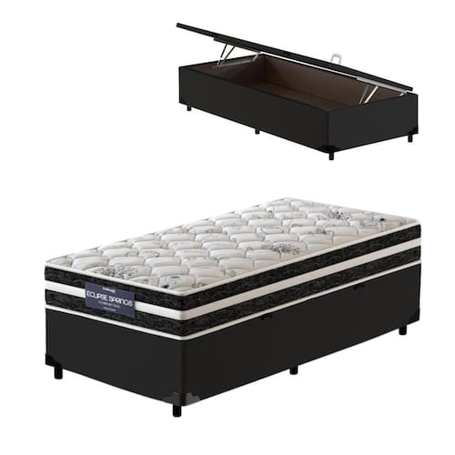 Cama Box Baú Solteiro King Preta + Colchão Molas Ensacadas - Probel - Eclipse Springs 96x203x62cm Menor preço em Cama Box Baú Solteiro King Preta + Colchão Molas Ensacadas - Probel - Eclipse Springs 96x203x62cm