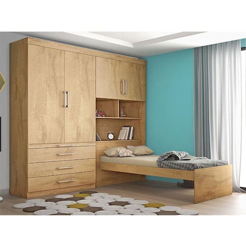 Guarda-Roupa Solteiro Conjugado Lyon com Escrivaninha e Cabeceira Baú para Cama Box Europa Menor preço em Guarda-Roupa Solteiro Conjugado Lyon com Escrivaninha e Cabeceira Baú para Cama Box Europa