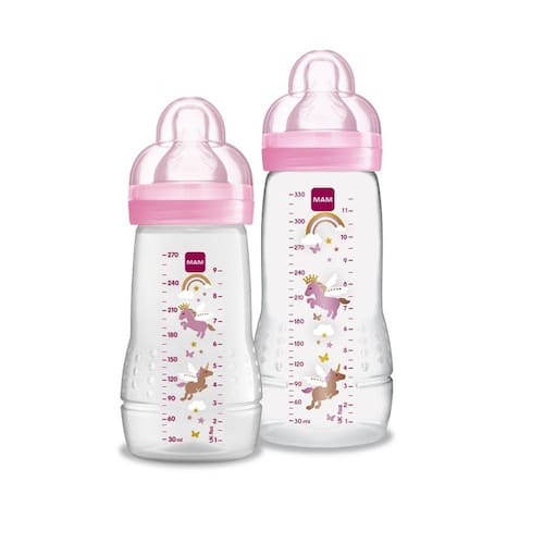 imagem-Mamadeira Mam +2 Meses Easy Active Set Abertura Larga 330 e 270 ml Rosa Menina MA50022