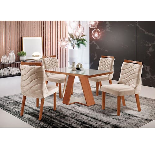 Conjunto Sala de Jantar Viena Porto Mesa Tampo MDF/Vidro e 4 Cadeiras ShopKasa