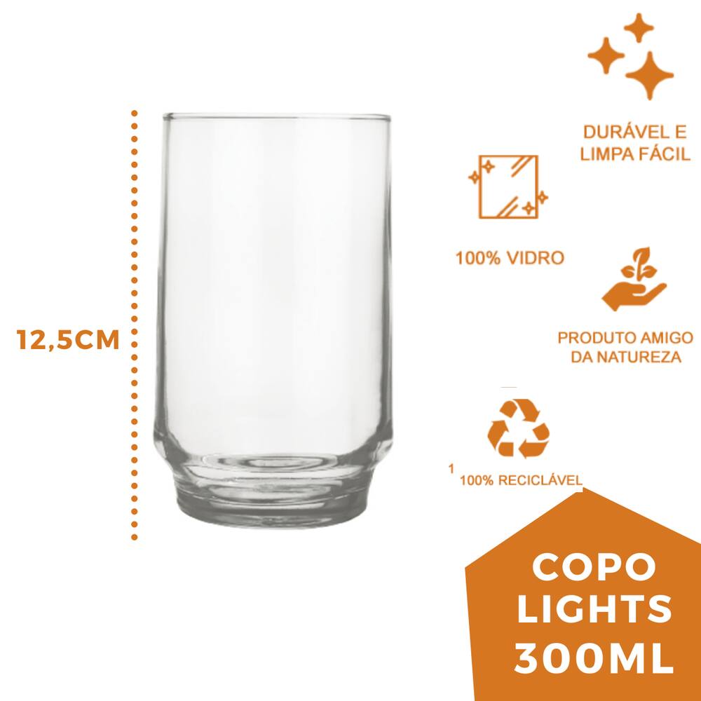 Jogo Copo Lights Agua Suco Vidro Long Drink 300ml - 3 CjS 6 Un