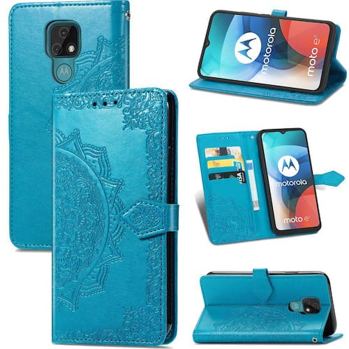 Motorola Moto E7 Case Leather Wallet Capa Emboss Mandala Magnetic Flip Protection Shockof Azul