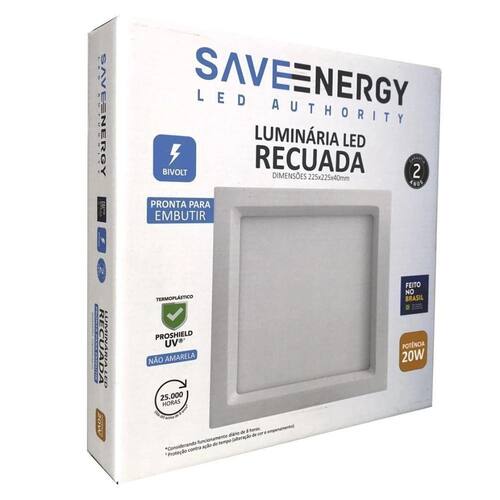 Kit 2 Luminaria Led Plafon Embutir 20W Recuada Branco Frio Ponto