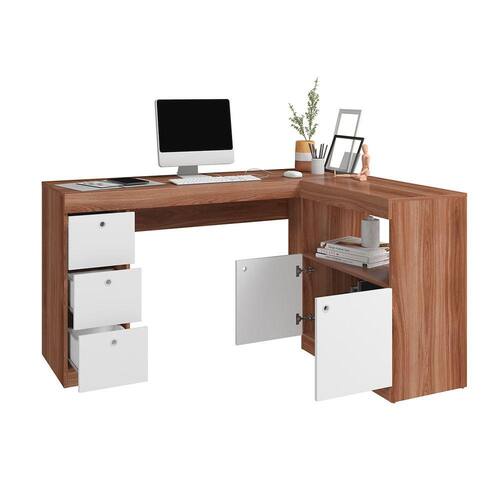 Mesa em L para Escritório 150 x 80 Cm 2 Portas 3 Gavetas MDP Branco