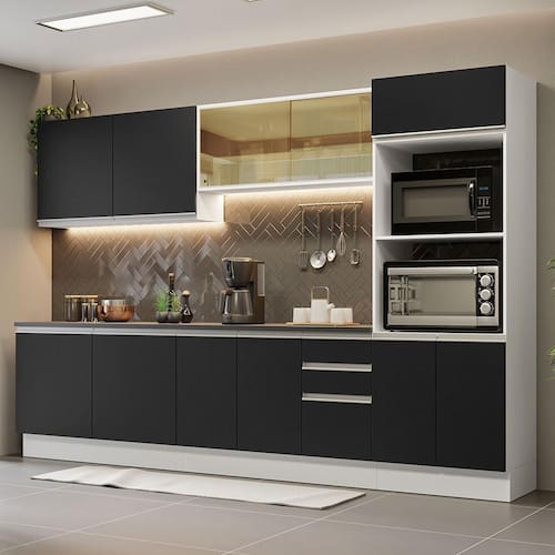 Armário de Cozinha Completa 100% MDF 310cm Branco/Preto Acordes Madesa 01