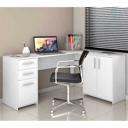 Mesa de Escritório em L 2 Gavetas 3 Portas Office NT 2005 Notável Móveis Branco New