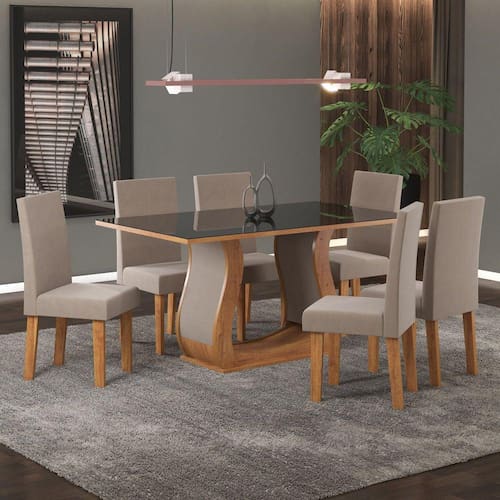 Conjunto Sala de Jantar Mesa Livia 160x80cm Tampo Vidro/MDF com 6 Cadeiras Venus Viero Móveis Marrom/Dark/Tabaco