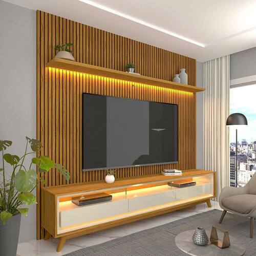 Rack Ripado Com Painel Para TV Até 75 C/Led Requinte 220 K/Pés Nature Off - Gelius Menor preço em Rack Ripado Com Painel Para TV Até 75 C/Led Requinte 220 K/Pés Nature Off - Gelius