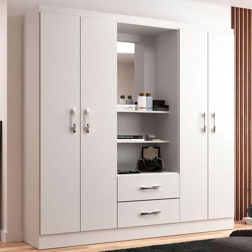 Guarda-roupa Casal Capelinha 4 Portas 2 Gavetas Com Espelho Branco - Evidencia Móveis