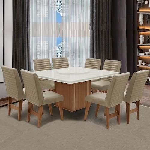 Conjunto Mesa Com Tampo Giratório 8 Cadeiras Cedro/Off White - Branco
