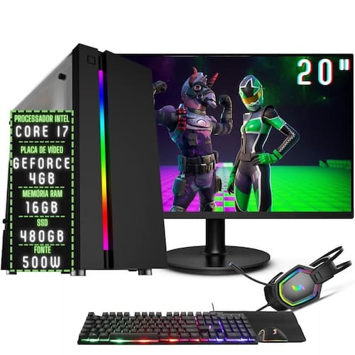 PC Gamer Completo 3green Play Intel Core i7 16GB RAM Placa de vídeo Geforce 4GB SSD 480GB Monitor 20" 75Hz Fonte 500W 3GP-056