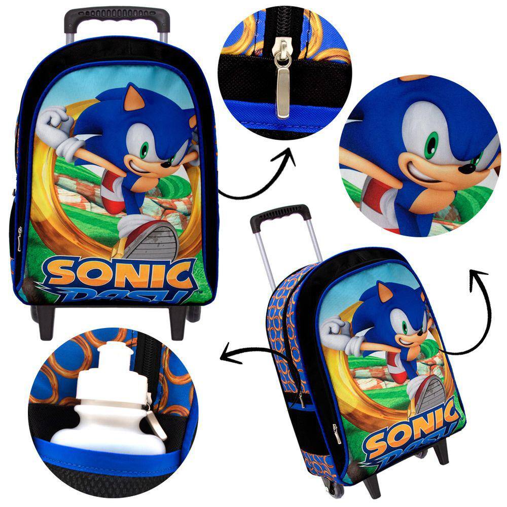 Kit Mochila Infantil de Rodinhas Menino Jogo Sonic Toys 2U