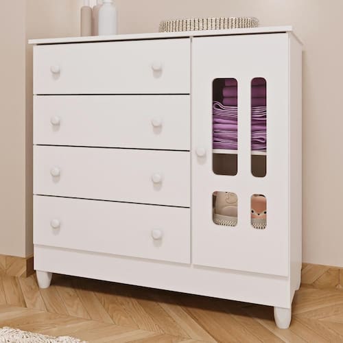 Cômoda Infantil 4 Gavetas com Fraldário Ariel Branco Brilho Carolina Baby é boa?