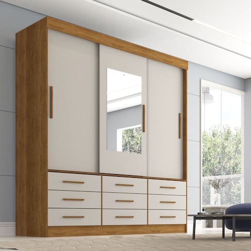 Guarda Roupa Casal 3 Portas 9 Gavetas com Espelho Luana Sallêto Móveis Cinamomo/Off White - Marrom