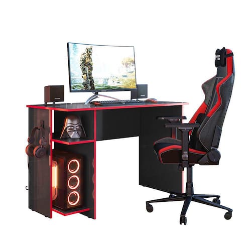 Mesa Para Computador Escritório e Gamer 2 Prateleiras Escrivaninha Preto Vermelho - Qmovi