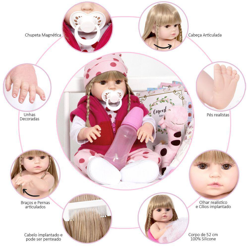 Boneca Bebe Reborn Silicone Girafinha Loira Com Vários Itens - USA Magazine