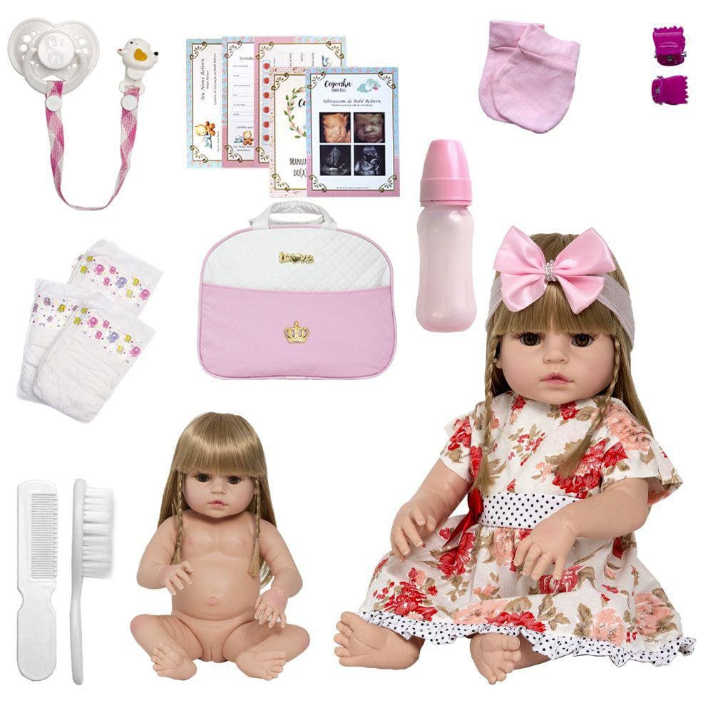 Bebe Reborn Loira Realista Grande 100% Silicone 52cm Banho