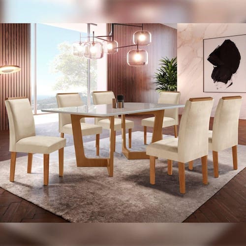 Conjunto Sala De Jantar Nápoles Tampo Vidro/MDF com 6 Cadeiras Luísa Smart Plus Cel Móveis Cinamomo/Off White/Bege