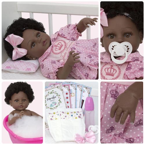 Boneca Original Bebê Reborn Realista Menina Negra 55CM Com Acessórios e  Certificado