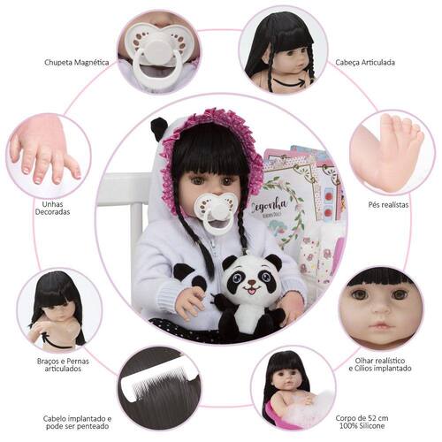 Boneca Reborn Silicone Bebê Realista Princesa Panda Completa no