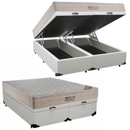 Cama Box Baú King Sintético Bipartido + Colchão Ortobom Airtech Molas Ensacadas 65x193x203 Branco - Branco