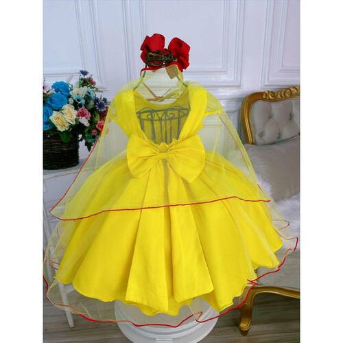 VESTIDO INFANTIL PRINCESA BELA E A FERA AMARELO C/ PÉROLAS