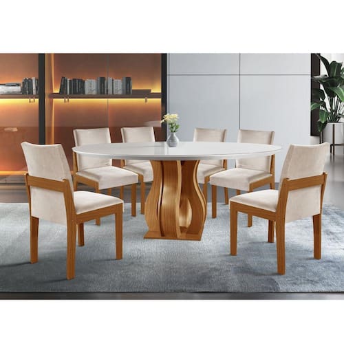 Conjunto Sala de Jantar Mesa Nuance 135cm Redonda Tampo Vidro/MDP com 6 Cadeiras Mônaco Yescasa Castanho Cinamomo/Suedy Creme é boa?