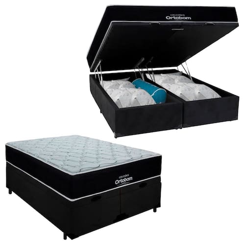 Cama Box Baú Queen Suede Bipartido + Colchão Airtech Molas Ensacadas Antares Ortobom 158x198x71 - Preto