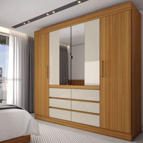 Guarda-Roupa Casal 4 Portas 6 Gavetas com Espelho Cinamomo/Off White - Bege