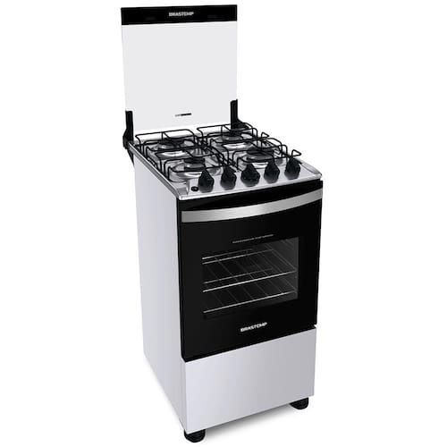 Fogão Brastemp 4 Bocas BFO4NBB Clean com Mesa de Inox, 2 Prateleiras Ajustáveis e Acendimento automático Bivolt – Branco