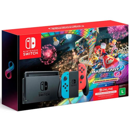Menor preço em Console Nintendo Switch 32GB com Controle Joy-Con HAC-001 + Mario Kart 8 Deluxe (download completo) + 3 meses de assinatura Nintendo Switch Online