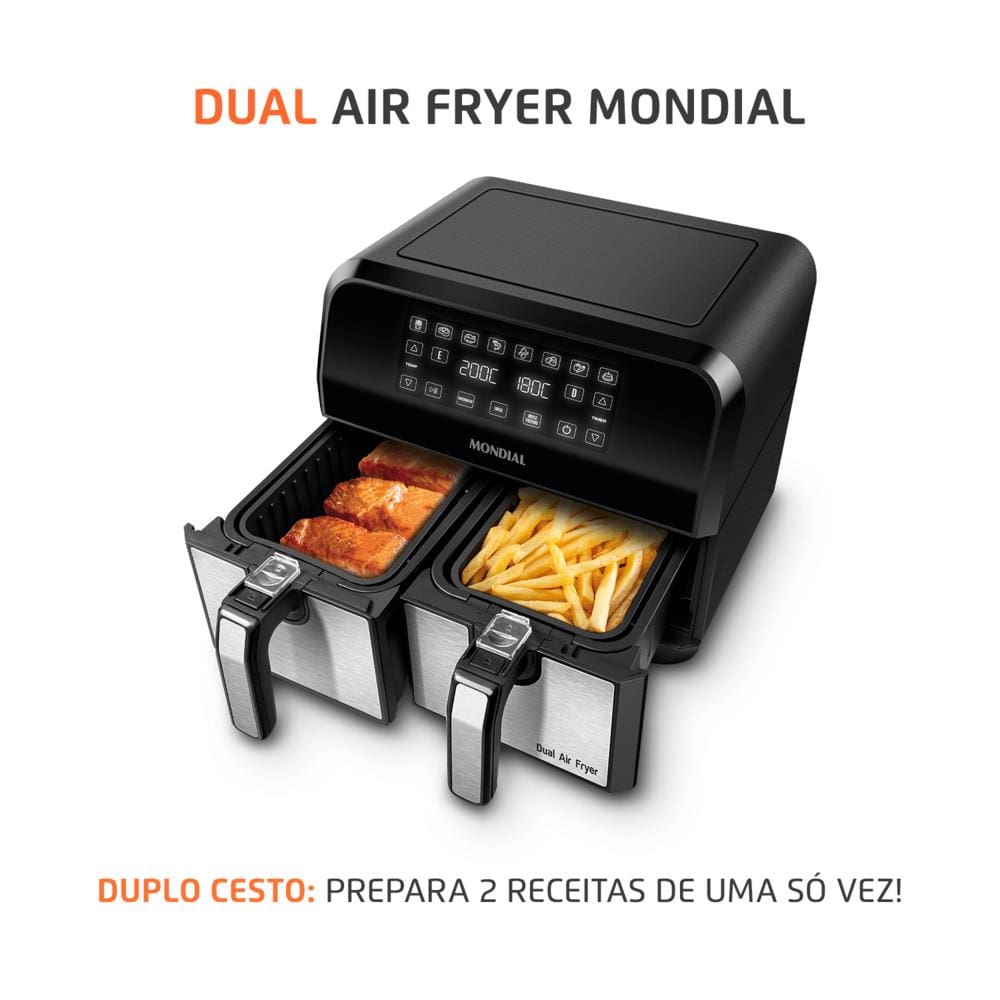 Fritadeira Elétrica Sem Óleo Air Fryer Mondial AFD-01-BI 8L Digital Com Cesto Duplo– Preta/Inox