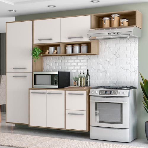Cozinha Completa Poliman Pequim com 7 Portas, 1 Gaveta e 4 Prateleiras - 200cm de largura - Carvalho Oak/Off White Menor preço em Cozinha Completa Poliman Pequim com 7 Portas, 1 Gaveta e 4 Prateleiras - 200cm de largura - Carvalho Oak/Off White