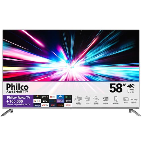 Smart TV LED 58" 4K Philco PTV58G7UR2CSBL Roku TV, Dolby Audio, HDR10, App Mobile, Borda Infinita