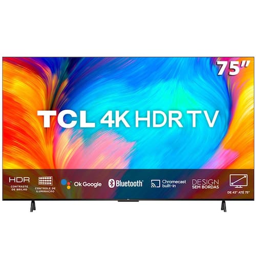 Smart TV LED 75" 4K UHD TCL P635 Google TV, Dolby Audio, HDR10+, WiFi Dual Band, Bluetooth Integrado, Chromecast e Google Assistente