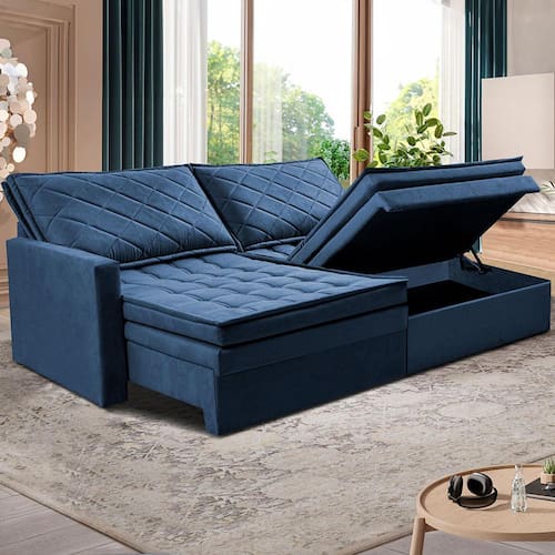 Sofá 3 Lugares Cama inBox Marselha com 180 cm de Largura, Retrátil, com Baú e Revestimento Suede Velusoft - Azul Menor preço em Sofá 3 Lugares Cama inBox Marselha com 180 cm de Largura, Retrátil, com Baú e Revestimento Suede Velusoft - Azul