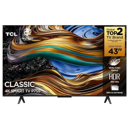 Smart TV 43” Ultra HD 4K TCL 43P755 LED com Google TV, Dolby Vision e Atmos, HDR10+, Wi-Fi, Bluetooth, Google Assistente e Design sem Bordas