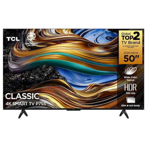 Smart TV 50” UHD 4K TCL P755 LED com Google TV, Dolby Vision e Atmos, HDR10+, Wi-Fi, Bluetooth, Google Assistente e Design sem Bordas