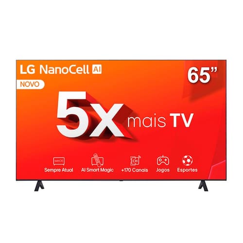 Smart TV 65" LG 4K NanoCell 65NANO80T com processador A5 AI, Hub de Esportes, Alexa, Chromecast integrado, webOS 24 e Controle Smart Magic